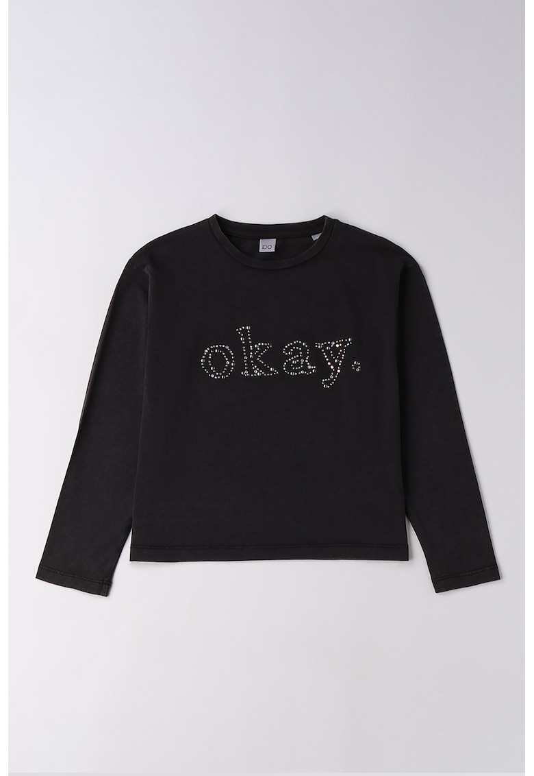 Bluza din amestec de bumbac cu text decorat cu strasuri