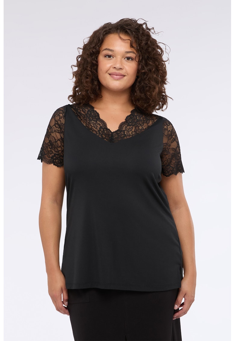 Bluza din amestec de modal cu maneci scurte si dantela cu model floral