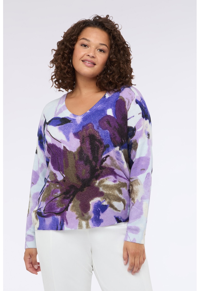 Pulover cu decolteu in V si imprimeu floral