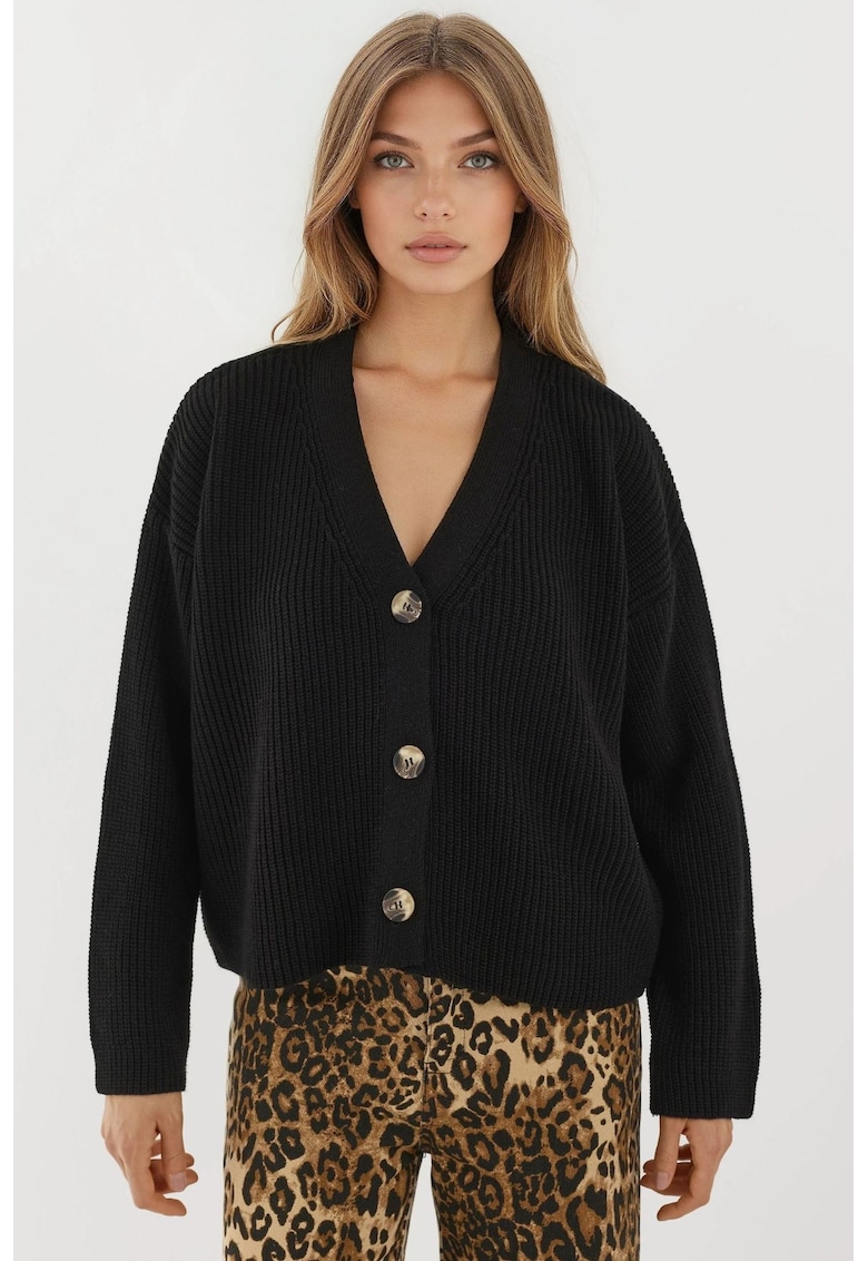 Pulover dama - cardigan supradimensionat - decolteu in V - nasturi - negru - tricot