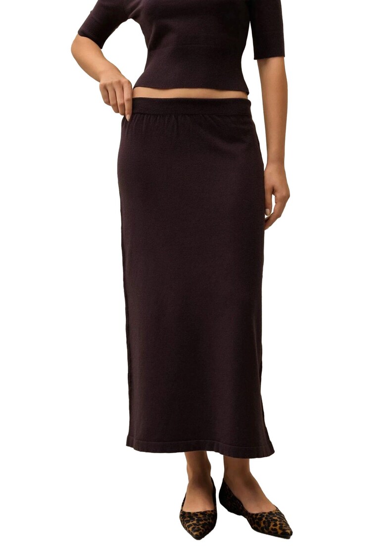 Fusta midi - tricotata - textura moale - talie inalta - maro cognac