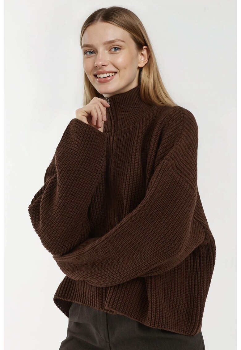Cardigan tricotat - croiala lejera - fermoar - tricot - Maro cafea - Maro