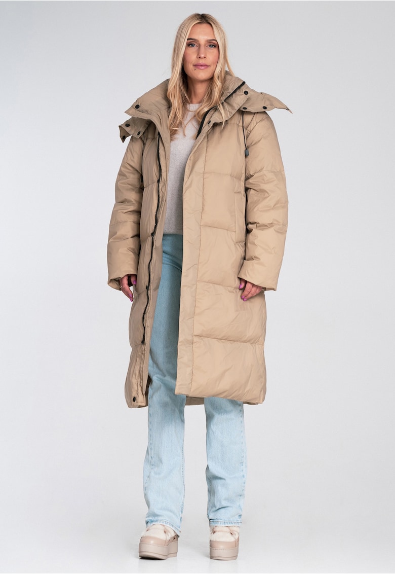 Geaca lunga  matlasata - bej - cu gluga - detalii functionale - material sintetic