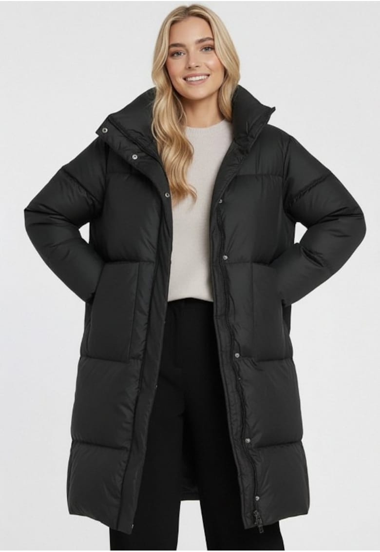 Geaca lunga  neagra - matlasata - cu guler ridicat - pentru iarna - cu buzunare