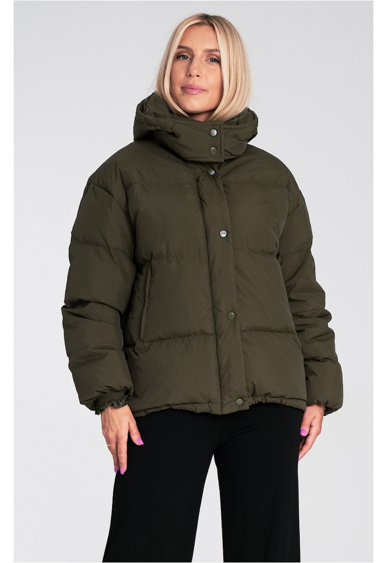 Geaca dama -  matlasata - gluga - verde masliniu - sintetic