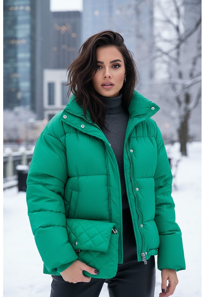 Jacheta  puf - verde - scurta - casual - cu guler ridicat - fermoar - buzunare