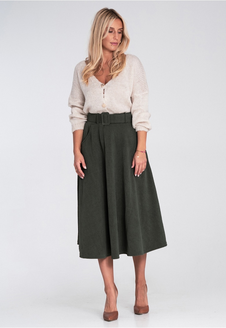 Fusta midi  verde intens - evazata - cu curea - material sintetic -