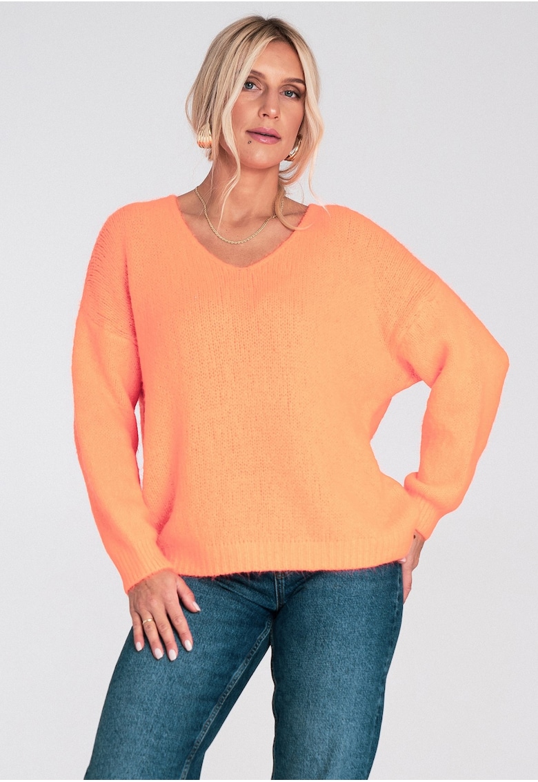Pulover dama -  supradimensionat - decolteu in V - portocaliu - material lejer - acril