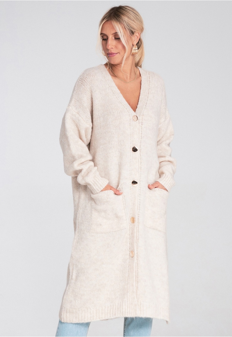 Cardigan lung  bej - tricotat - cu nasturi - croiala supradimensionata - buzunare