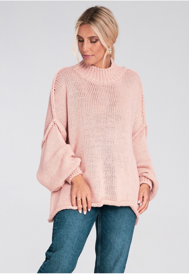 Pulover supradimensionat  roz - maneci bufante - tricotaj acrilic - pentru femei - poliester