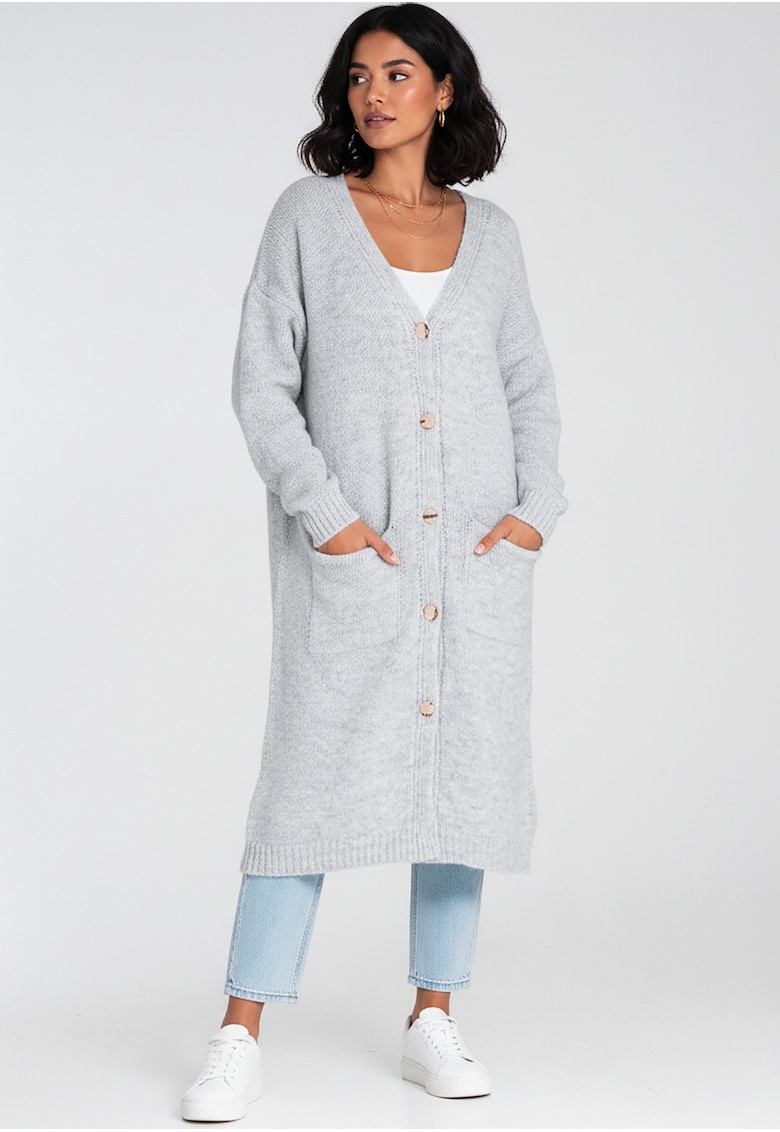 Cardigan lung  gri - cu nasturi - pentru femei - acril