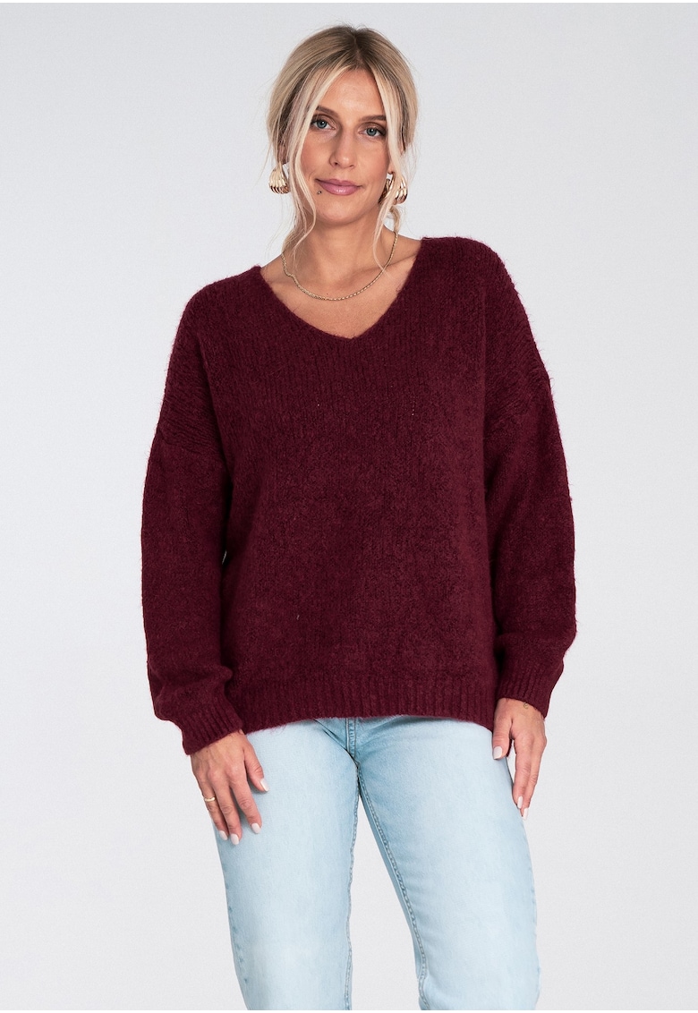 Pulover dama  supradimensionat - decolteu in V - visiniu - material lejer - acril