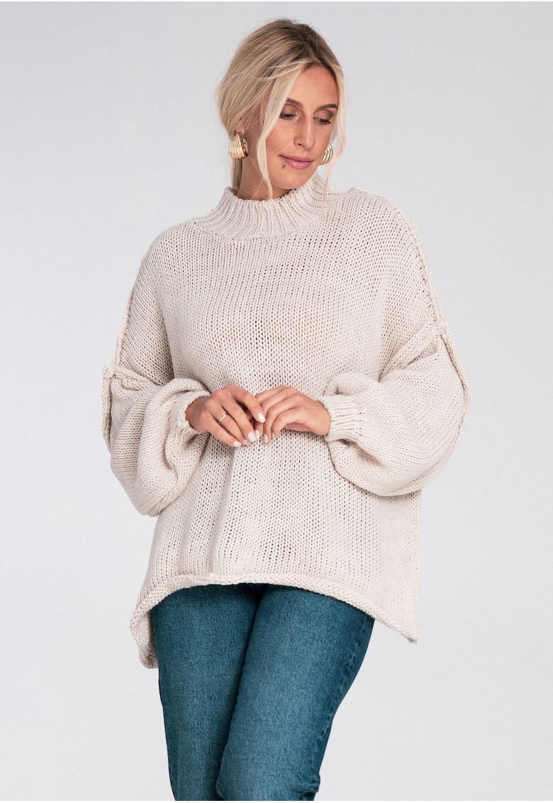 Pulover dama - guler inalt - gros - bej poliester