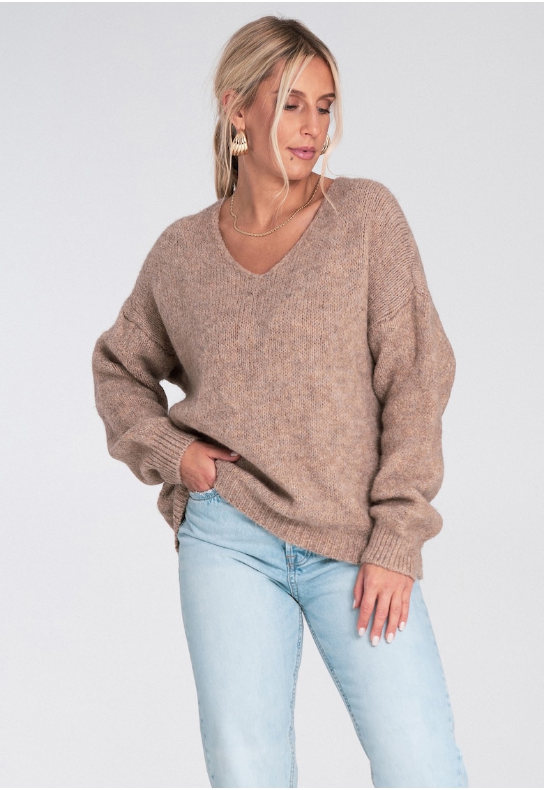 Pulover dama -  supradimensionat - decolteu in V - bej - tricotaj sintetic