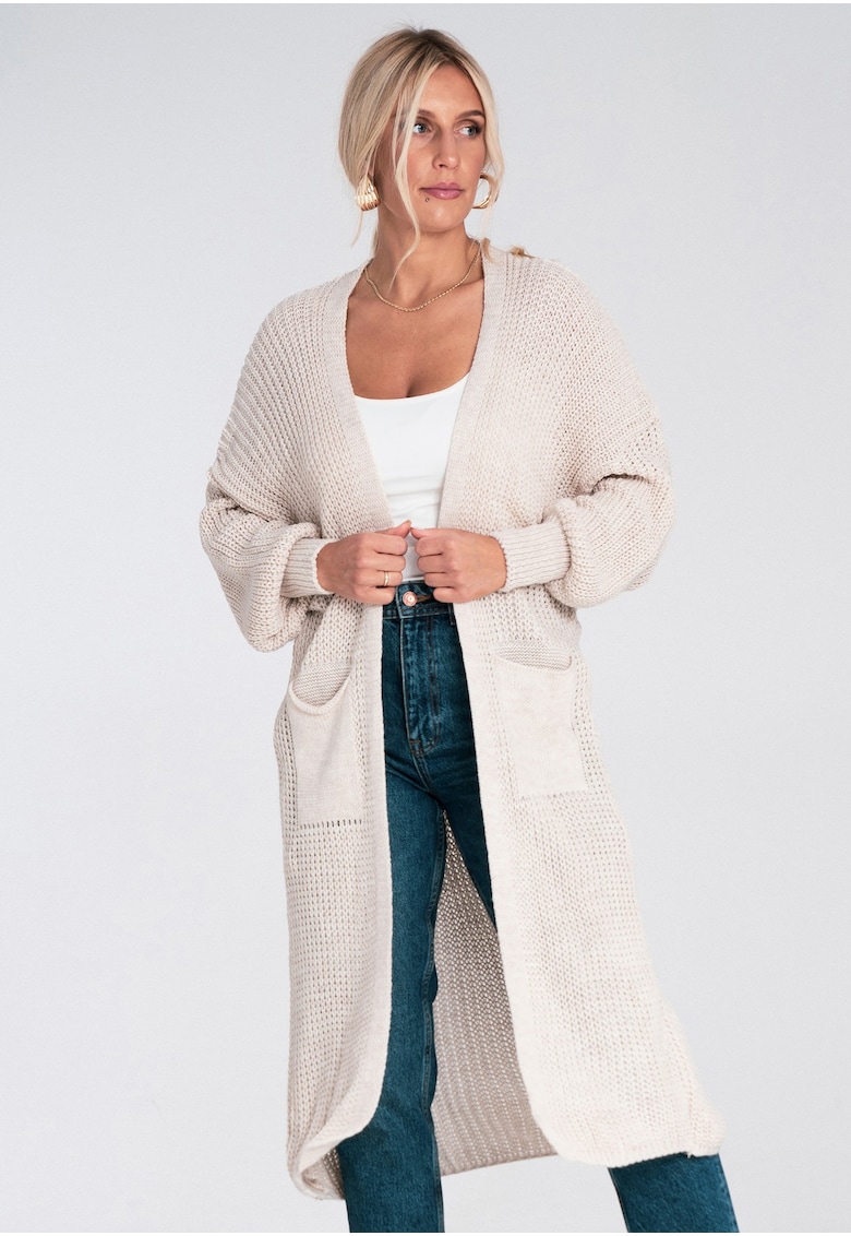 Cardigan maxi bej - tricotat - croi lejer - cu buzunare - acril