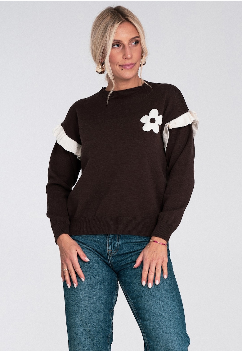 Pulover dama  maro - cu volane si aplicatie florala - tricotat viscoza