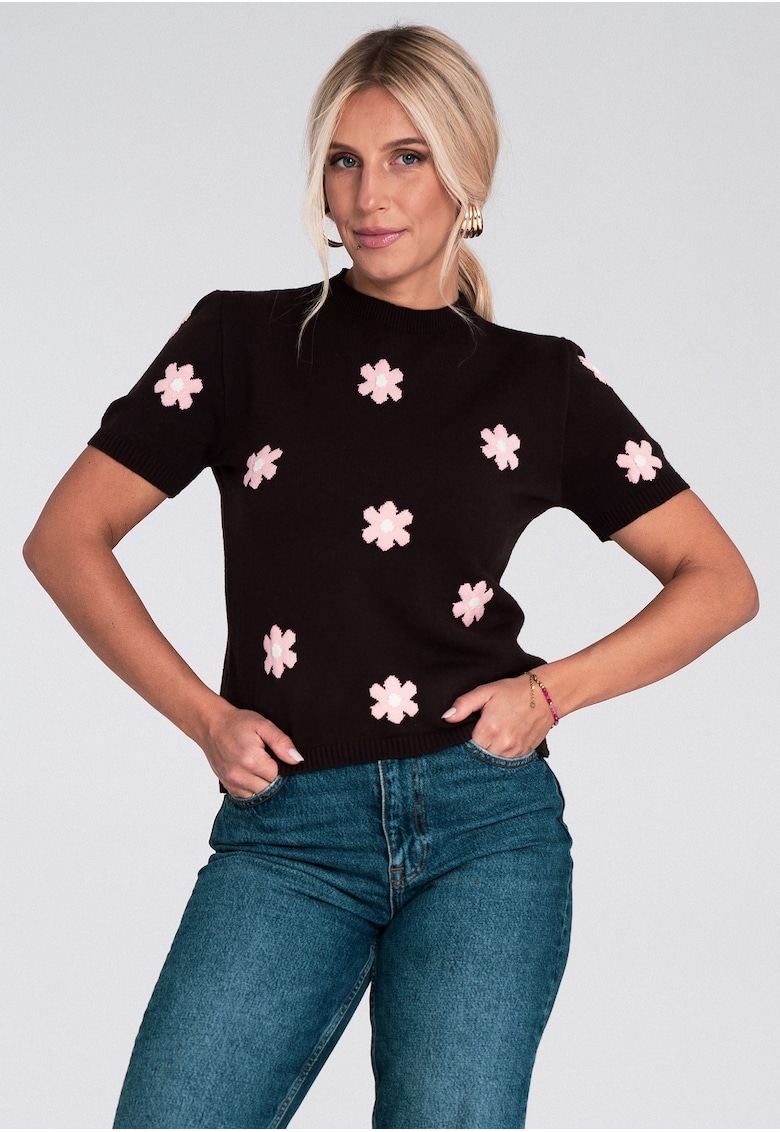 Pulover dama - cu maneca scurta - flori - maro viscoza