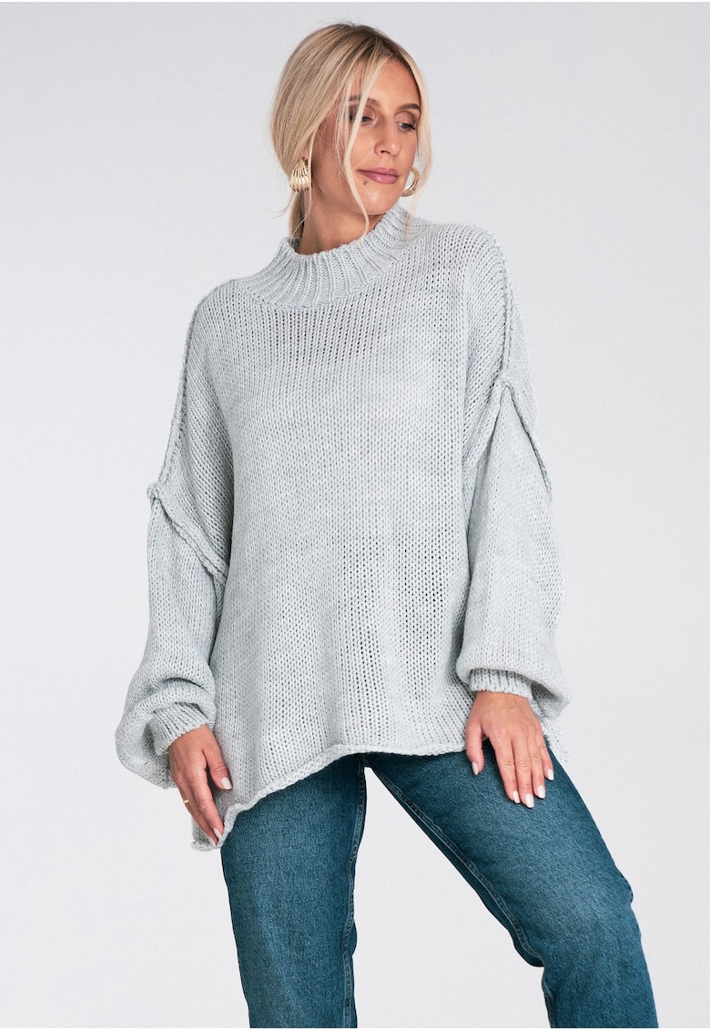 Pulover supradimensionat  gri - maneci bufante - tricotaj acrilic - pentru femei