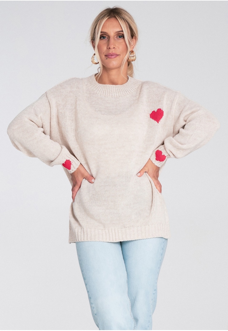 Pulover dama -  bej - tricotat - inimioare rosii - croiala lejera