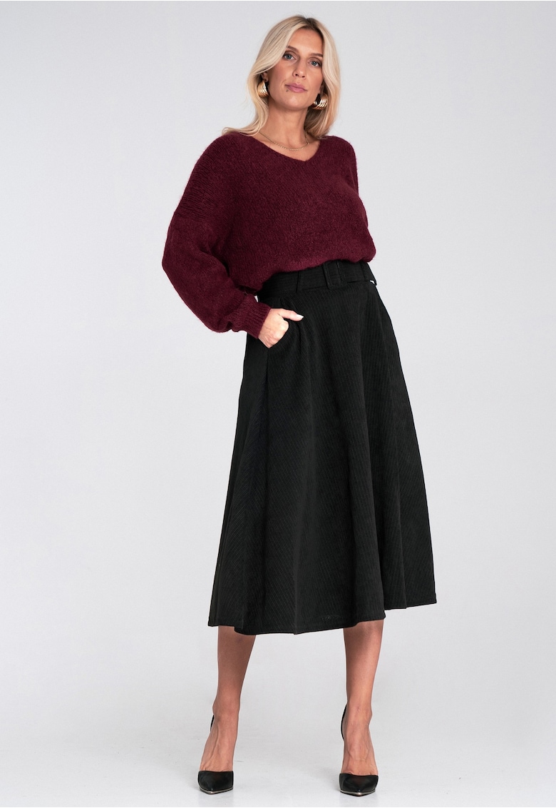 Fusta midi  neagra - evazata - cu curea - material sintetic