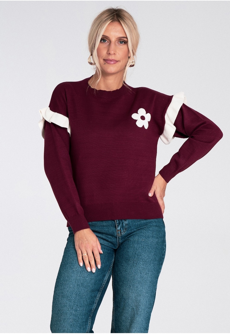 Pulover dama  visiniu - tricotat - cu volane si aplicatie florala - casual viscoza