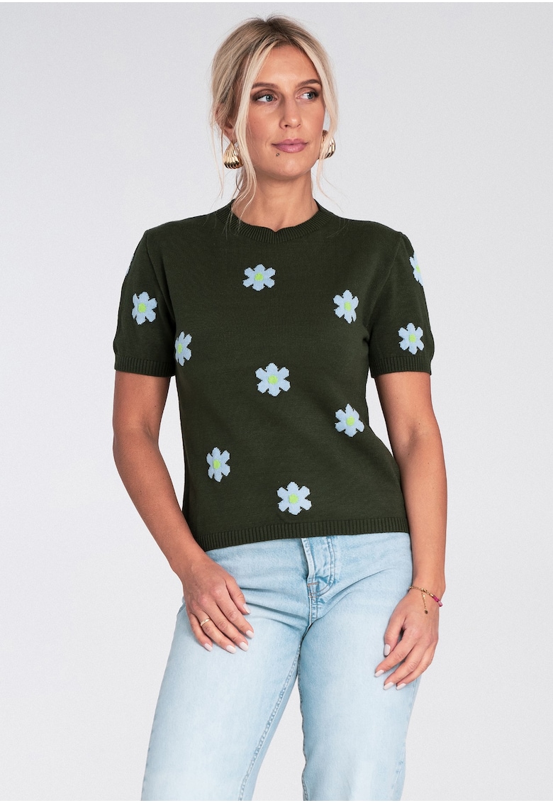 Pulover dama - verde - cu maneca scurta - model floral roz - tricotaj viscoza