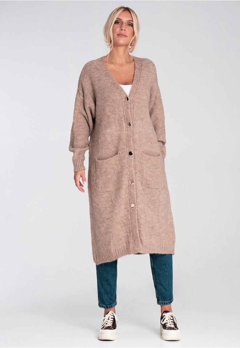 Cardigan lung  maro - tricotat - cu nasturi - croi lejer - buzunare - acril poliester