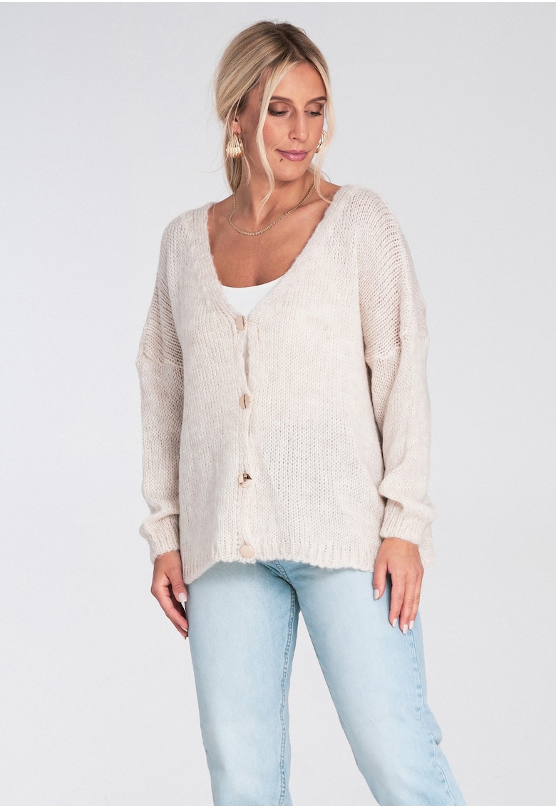Cardigan scurt dama -  pulover cu nasturi decorativi - bej - material tricotat - poliester