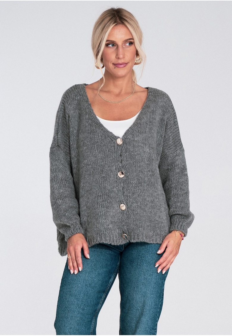 Cardigan gri - tricotat - cu nasturi - croiala lejera - pentru ocazii casual