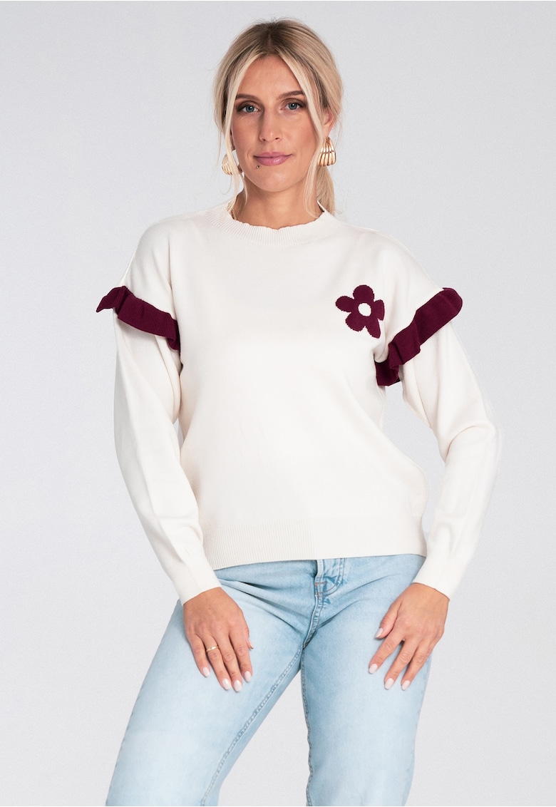 Pulover dama  ecru cu volane si aplicatii florale - tricotat viscoza