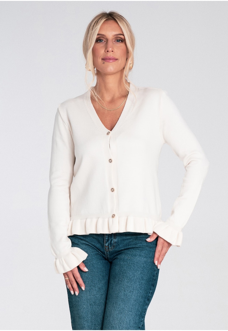 Pulover dama -  ecru - volane - decolteu in V - tricotaj moale viscoza