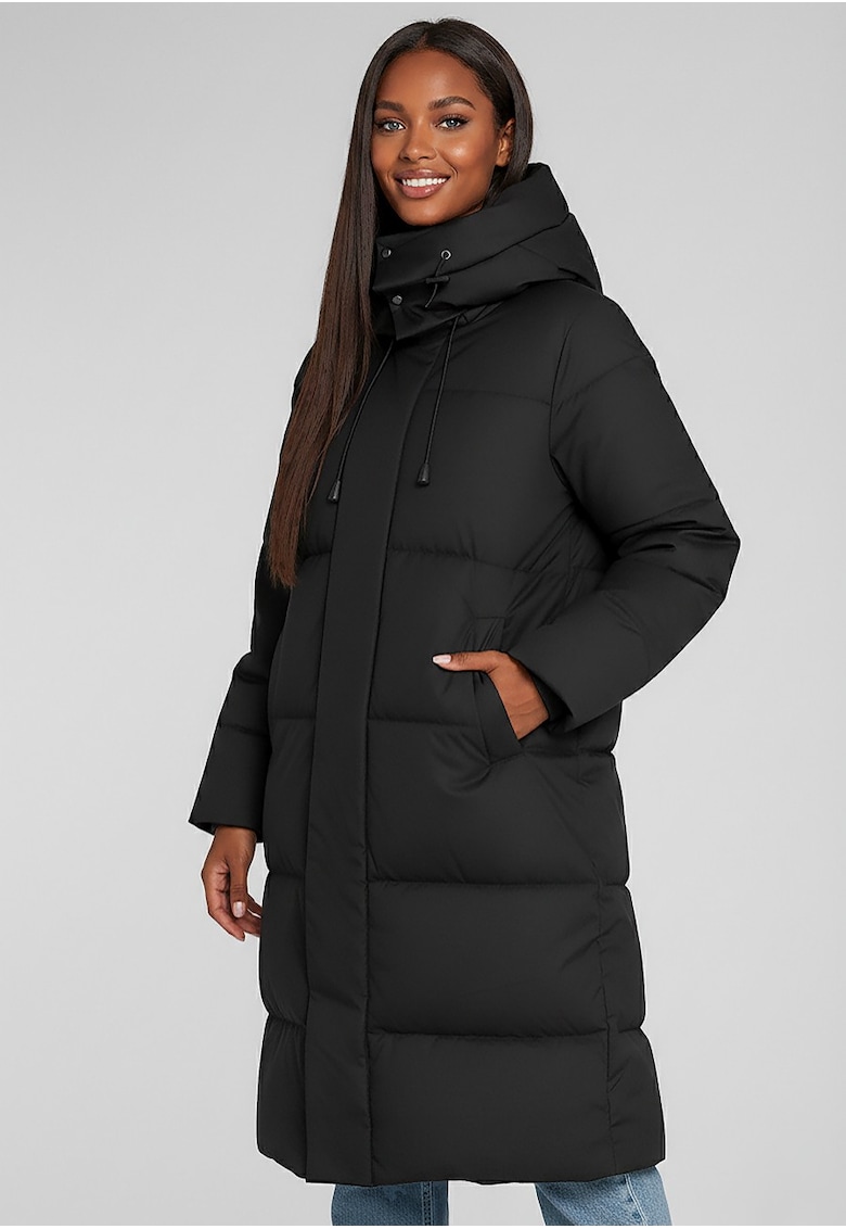 Geaca lunga  neagra - matlasata - cu gluga - buzunare - material sintetic