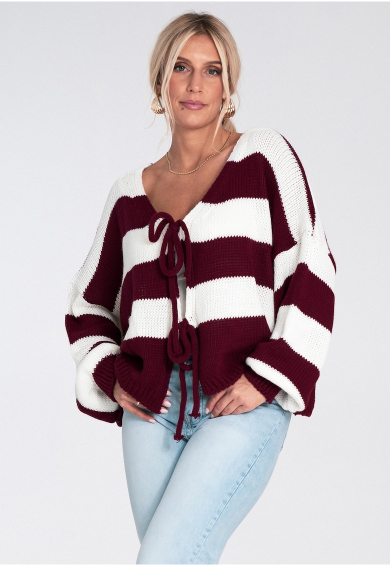 Pulover dama scurt - visiniu cu dungi albe - croiala lejera - tricotaj acrilic Pulover dama scurt - visiniu cu dungi albe - croiala lejera - tricotaj acrilic