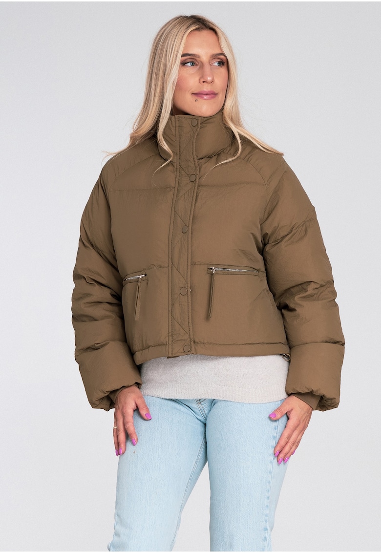 Geaca scurta -  matlasata - bej - poliester - cu guler inalt