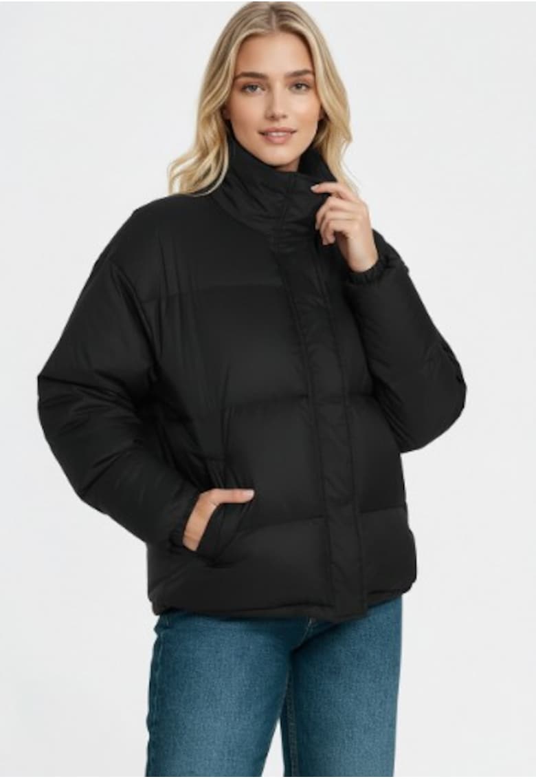 Geaca scurta  neagra - din puf - casual - cu guler inalt - fermoar si capse