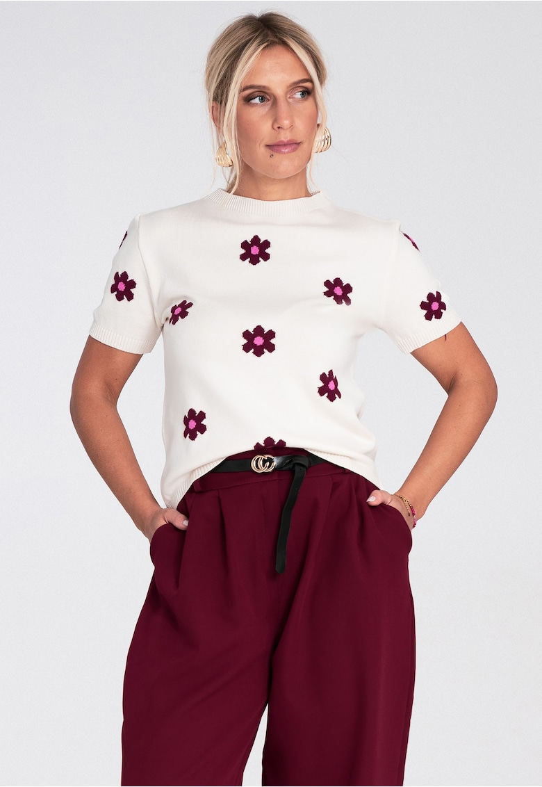Pulover dama -  ecru - cu maneci scurte - model floral roz - material tricotaj sintetic