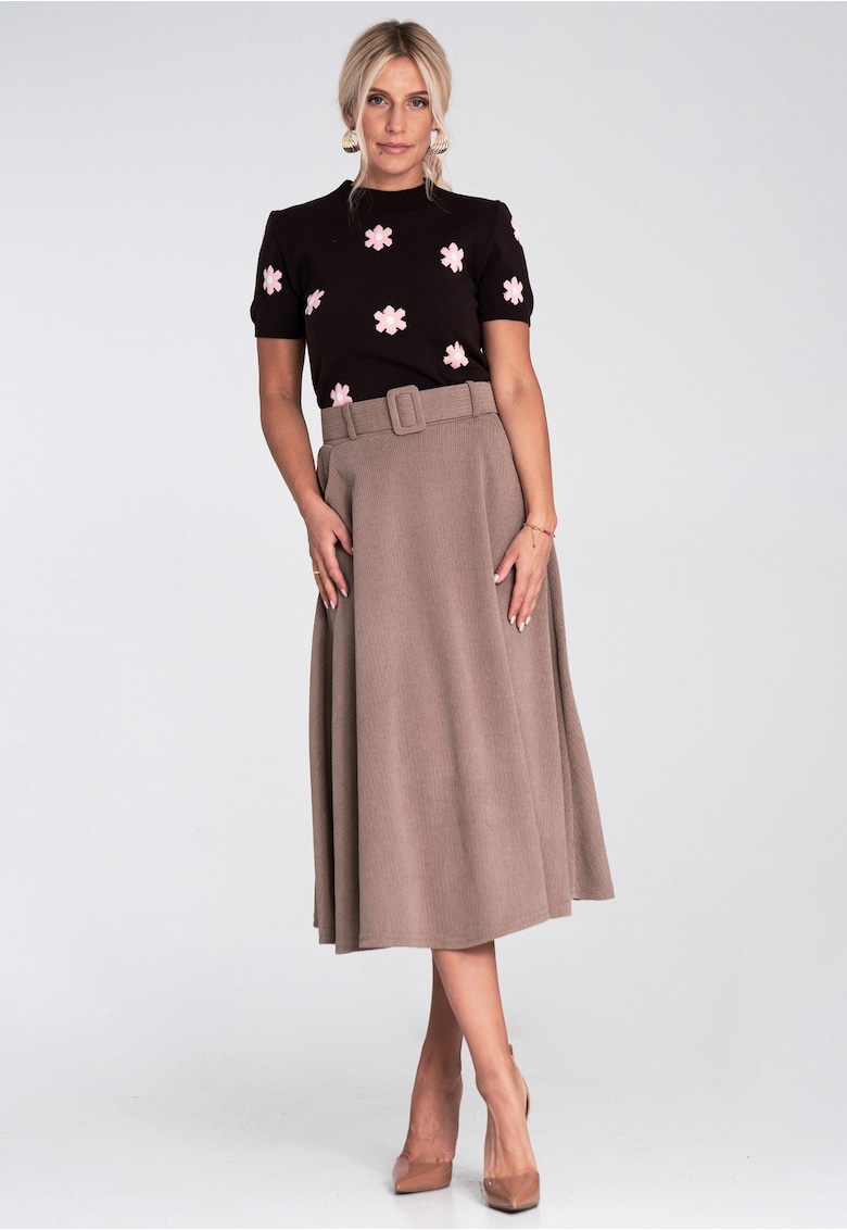 Fusta midi  bej - cu curea - material tricotat moale - croiala evazata