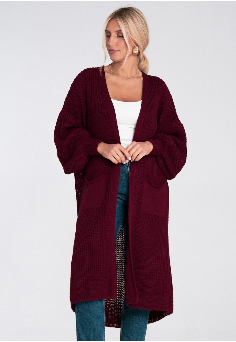 Cardigan lung  visiniu - subtire - fara inchidere - pentru femei - acril