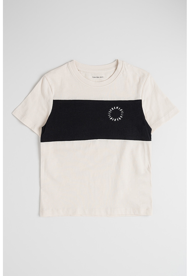 Tricou de bumbac cu decolteu la baza gatului - Negru/Bej deschis