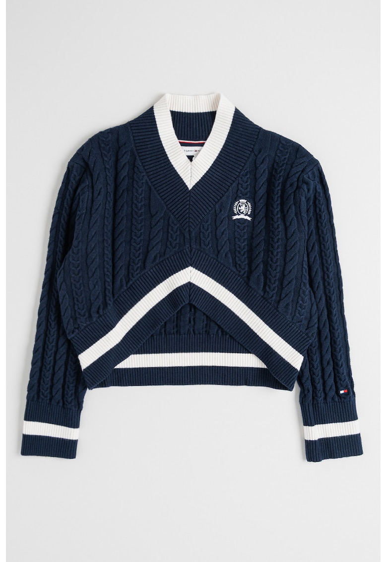 Pulover crop cu decolteu in V si torsade