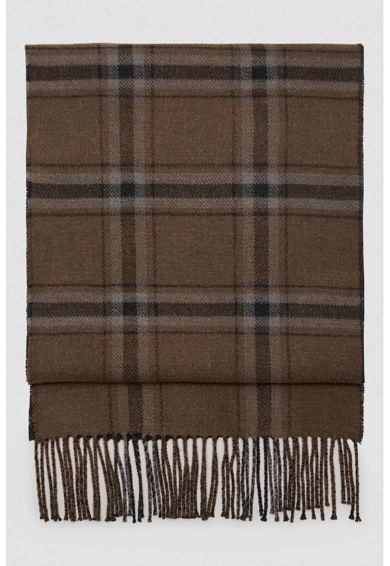 Esarfa tricotata cu franjuri si model in carouri