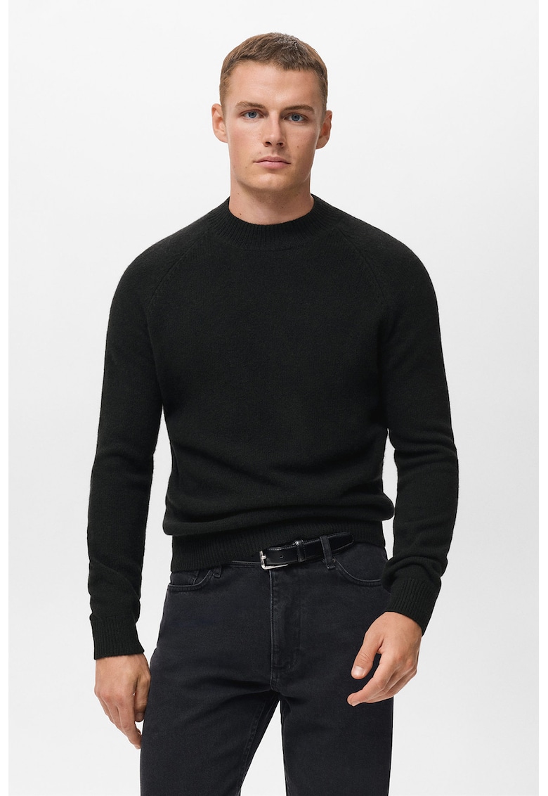 Pulover din lana cu decolteu la baza gatului - Negru