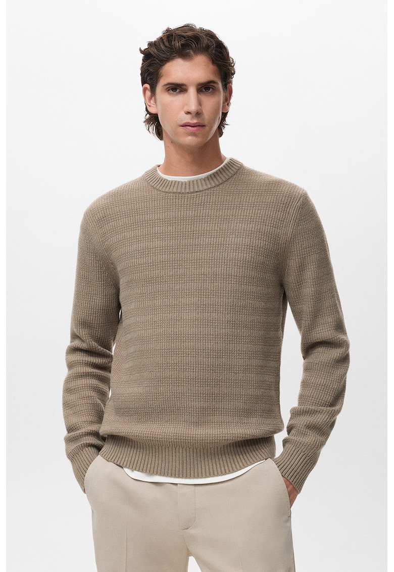 Pulover texturat cu decolteu la baza gatului - Caramel