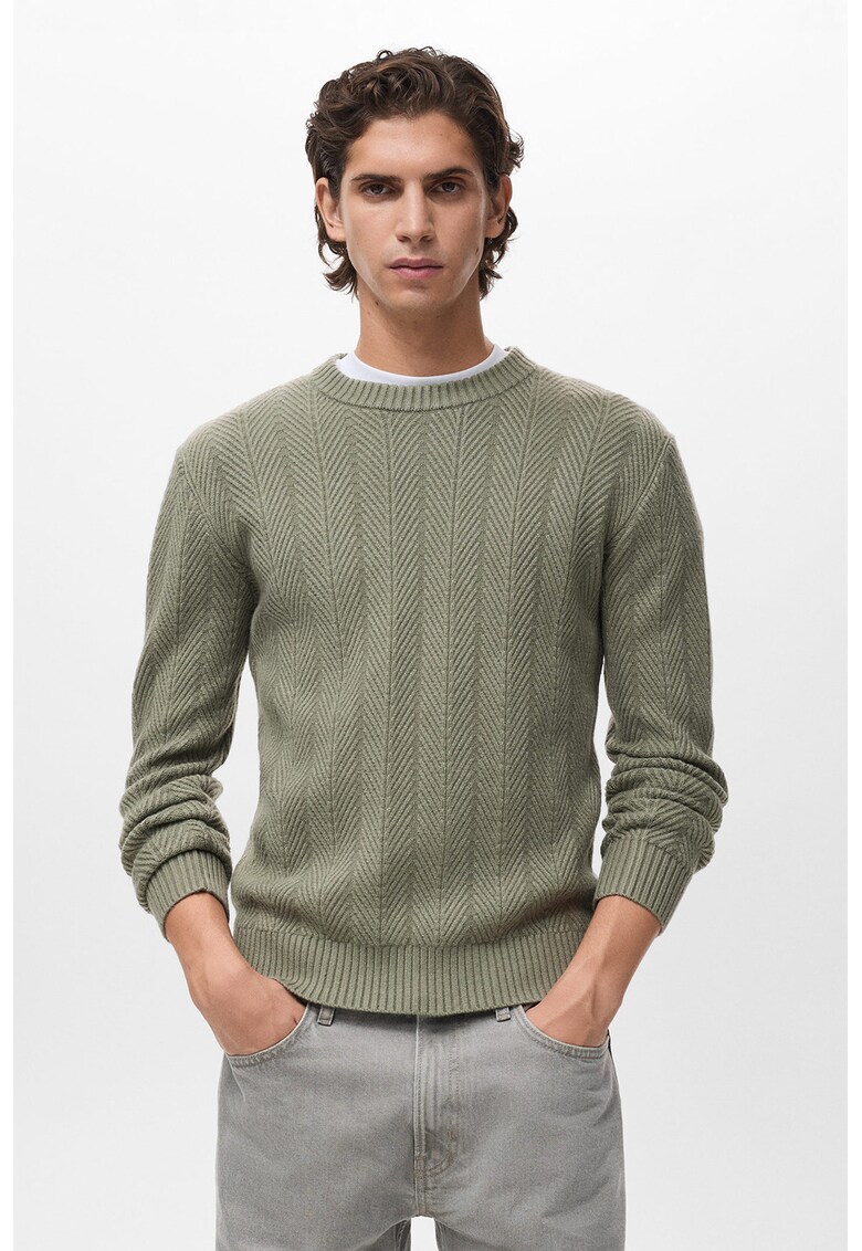 Pulover texturat cu decolteu la baza gatului - Kaki