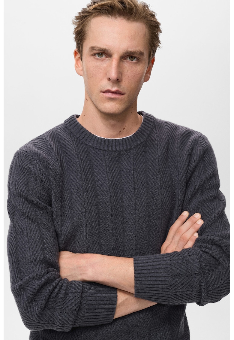 Pulover texturat cu decolteu la baza gatului - Gri antracit