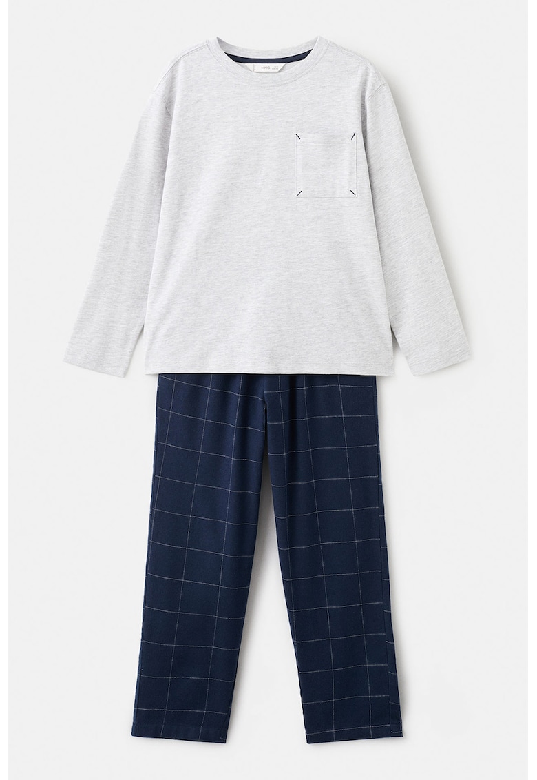 Pijama din amestec de bumbac cu buzunar pe piept - Gri deschis melange/Bleumarin