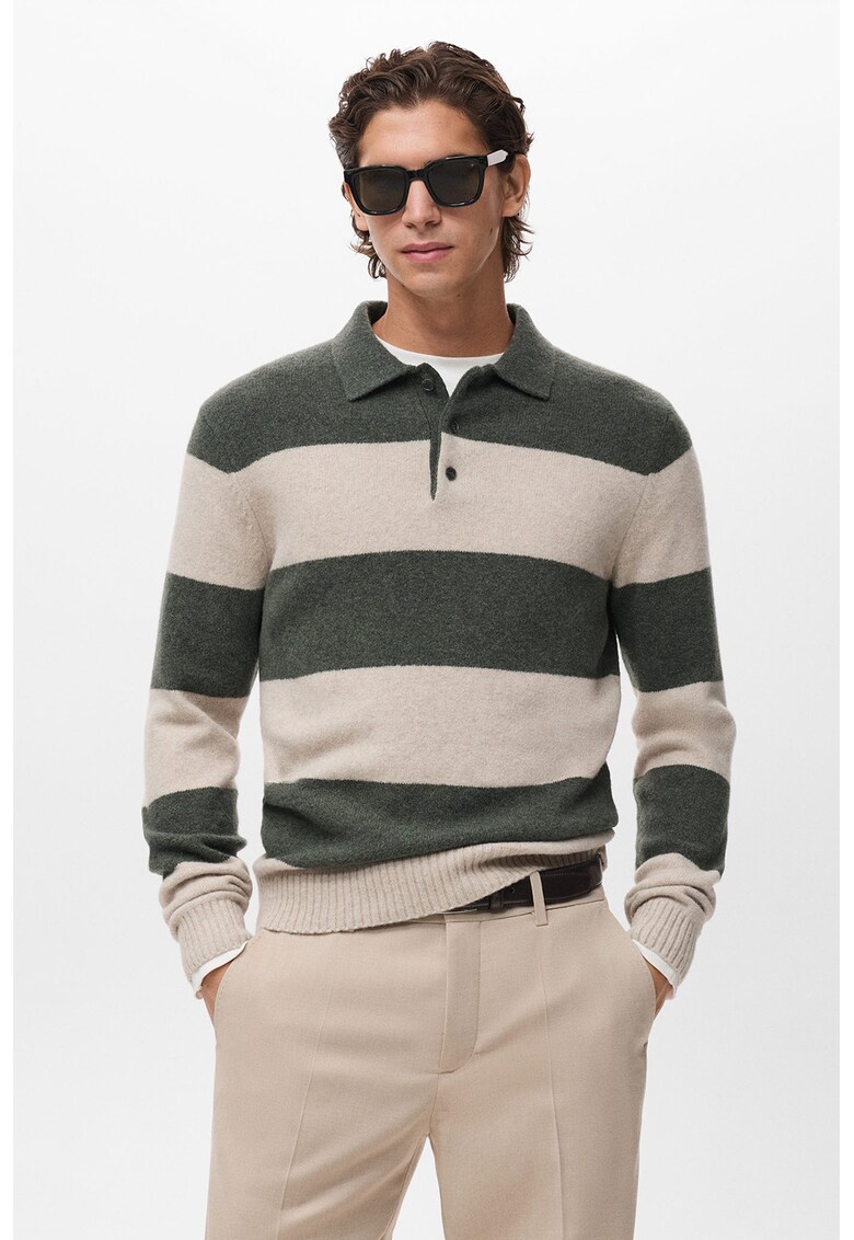 Pulover polo din amestec de lana - Alb/Verde inchis