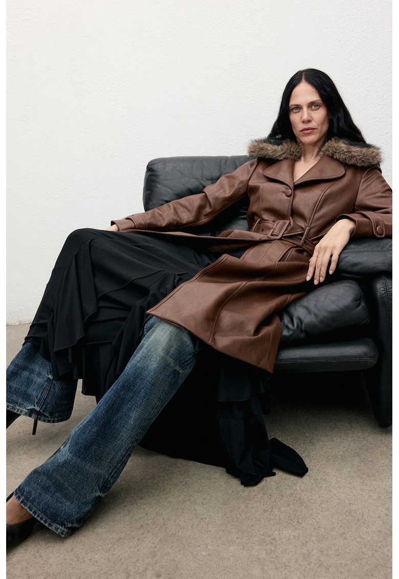 Palton de piele ecologica cu guler de blana sintetica - Maro inchis