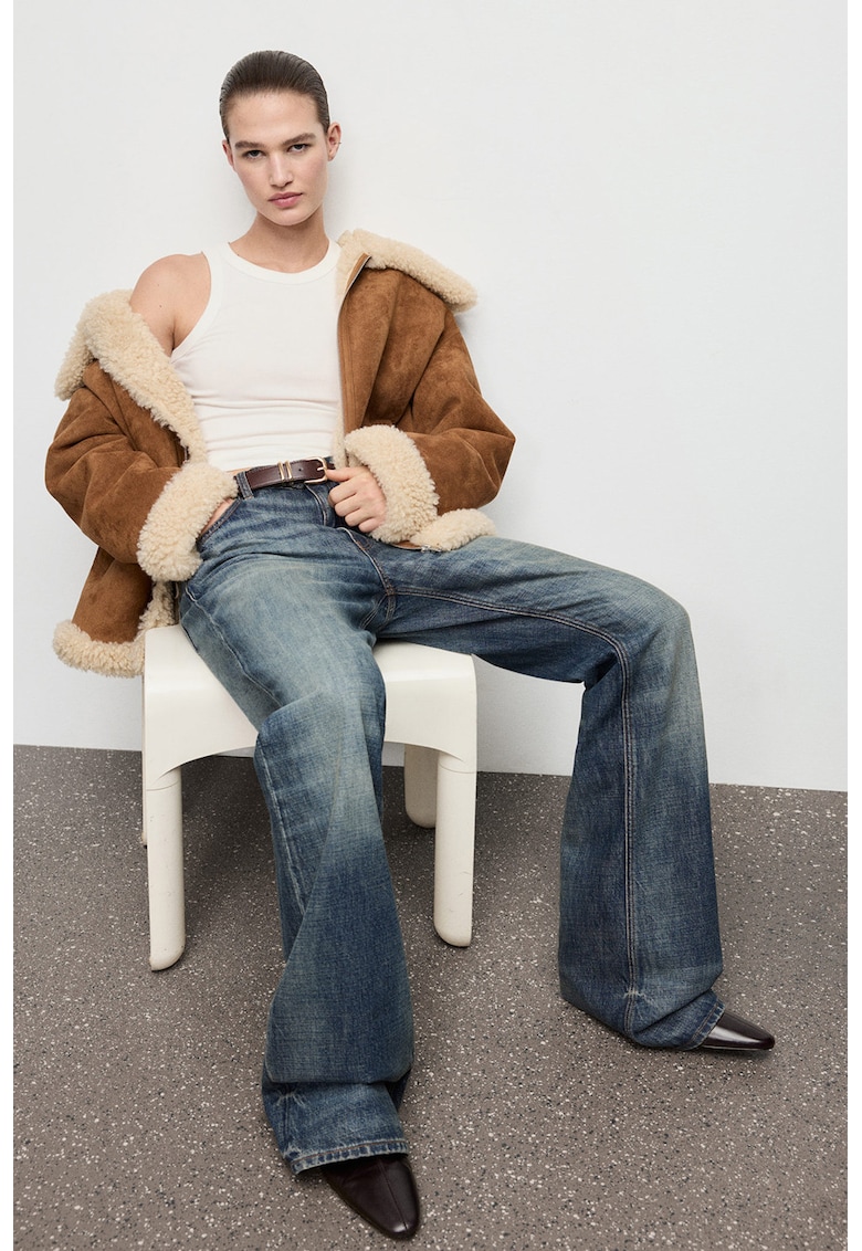 Jacheta din piele intoarsa ecologica cu garnituri din blana sintetica - Caramel