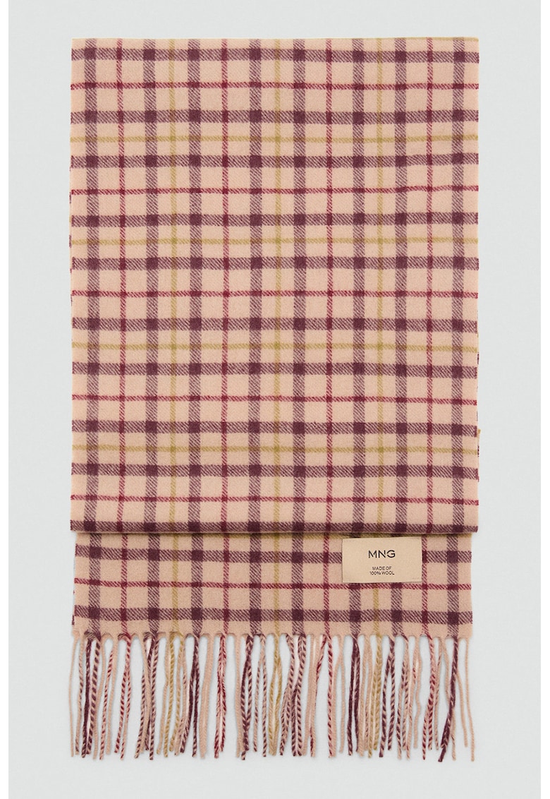 Fular din lana cu model in carouri - Visiniu/Piersica